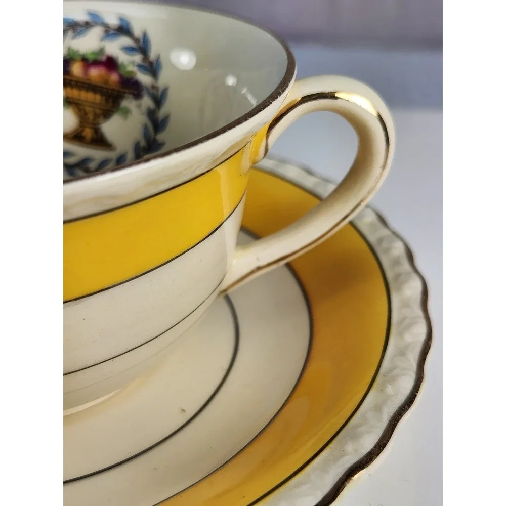 Yellow Myott Staffordshire Urn and Fruit Teacup And Saucer 1940
